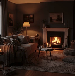 Warm lamplight in a dim living room on a fall evening, supporting winter rest and healthy sleep