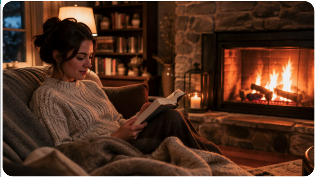 Woman reading a physical book by a fireplace in a cold Minnetonka winter night