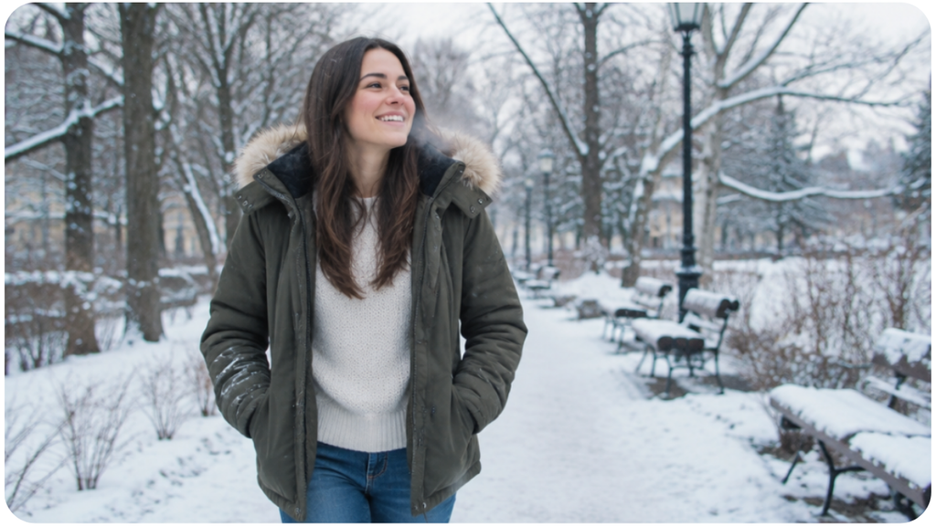 Woman walking outdoors on a crisp winter morning in Minnesota without a scarf